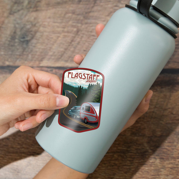 Flagstaff, Arizona, Retro Camper on Road, Contour, Vinyl Sticker Sticker Lantern Press 