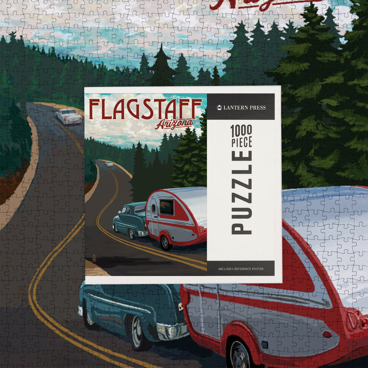 Flagstaff, Arizona, Retro Camper on Road, Jigsaw Puzzle Puzzle Lantern Press 