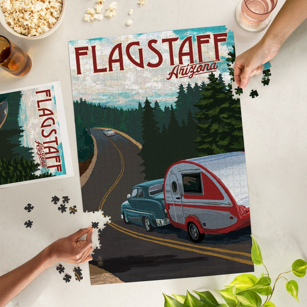 Flagstaff, Arizona, Retro Camper on Road, Jigsaw Puzzle Puzzle Lantern Press 