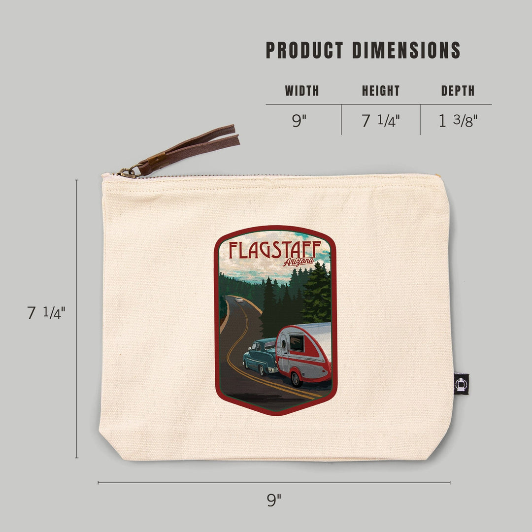 Flagstaff, Arizona, Retro Camper on Road,, Organic Cotton Zipper Pouch, Go Bag Go Bag Lantern Press 