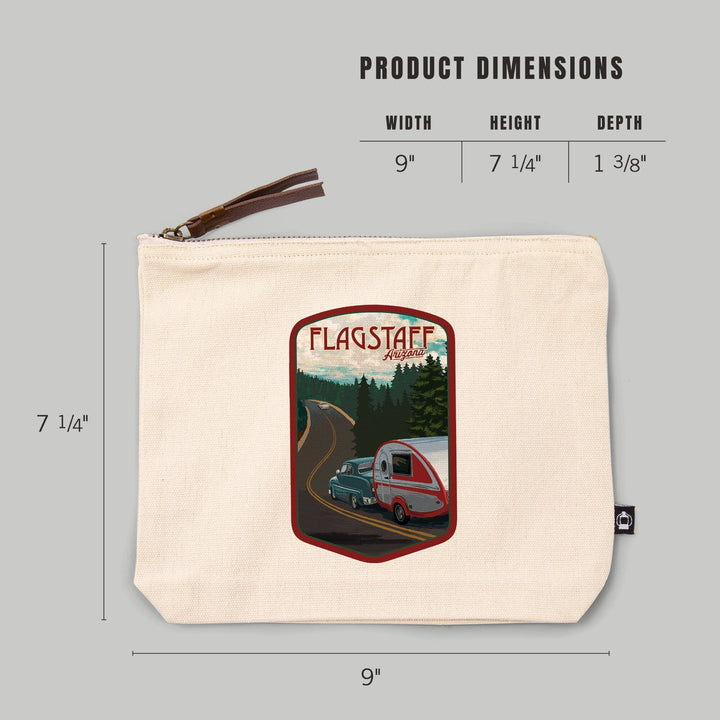 Flagstaff, Arizona, Retro Camper on Road,, Organic Cotton Zipper Pouch, Go Bag Go Bag Lantern Press 