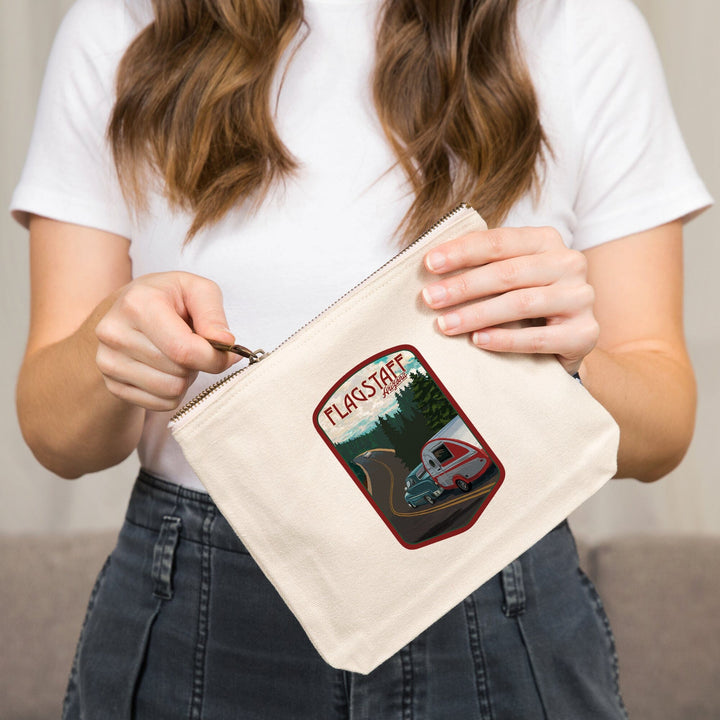 Flagstaff, Arizona, Retro Camper on Road,, Organic Cotton Zipper Pouch, Go Bag Go Bag Lantern Press 