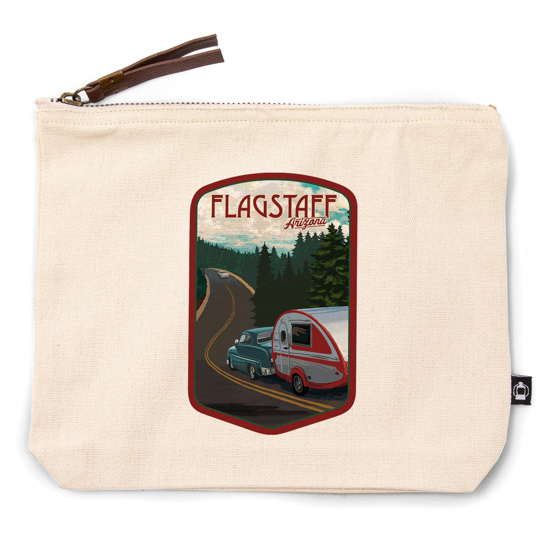 Flagstaff, Arizona, Retro Camper on Road,, Organic Cotton Zipper Pouch, Go Bag Go Bag Lantern Press 