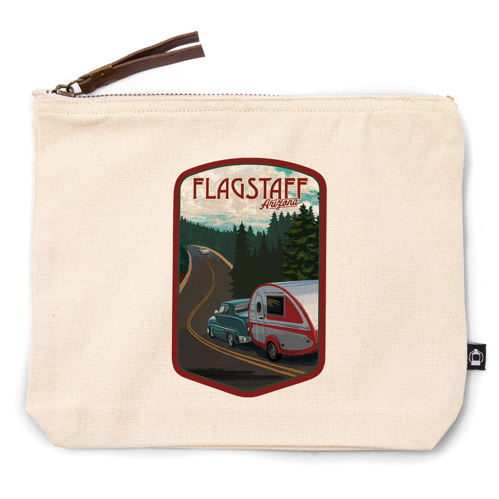 Flagstaff, Arizona, Retro Camper on Road,, Organic Cotton Zipper Pouch, Go Bag Go Bag Lantern Press 