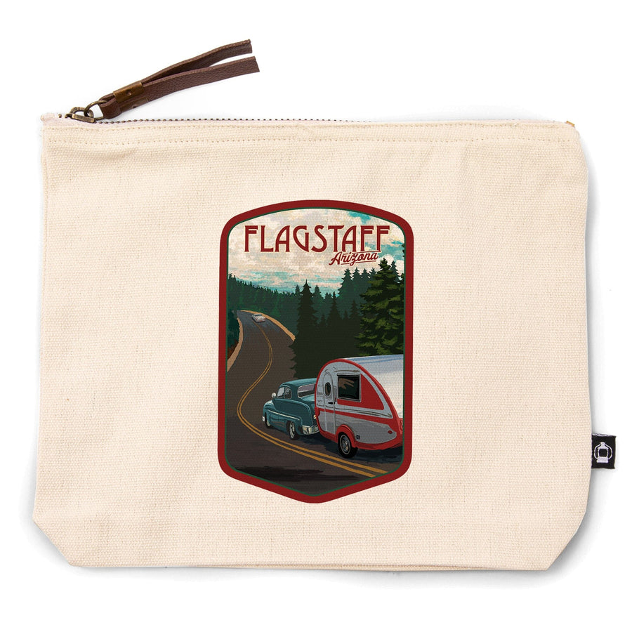 Flagstaff, Arizona, Retro Camper on Road,, Organic Cotton Zipper Pouch, Go Bag Go Bag Lantern Press 