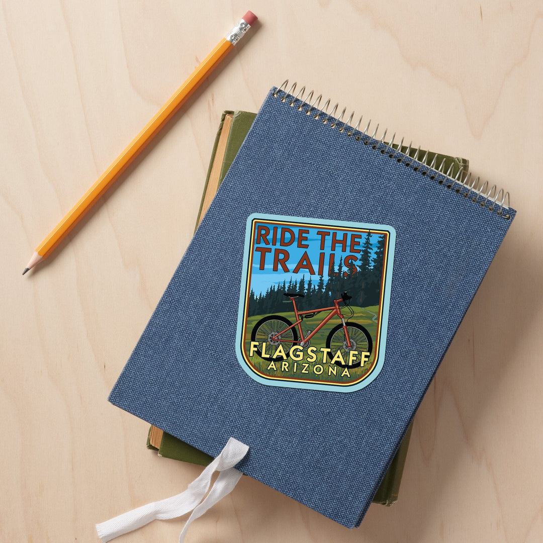 Flagstaff, Arizona, Ride the Trails, Bike, Contour, Vinyl Sticker - Lantern Press