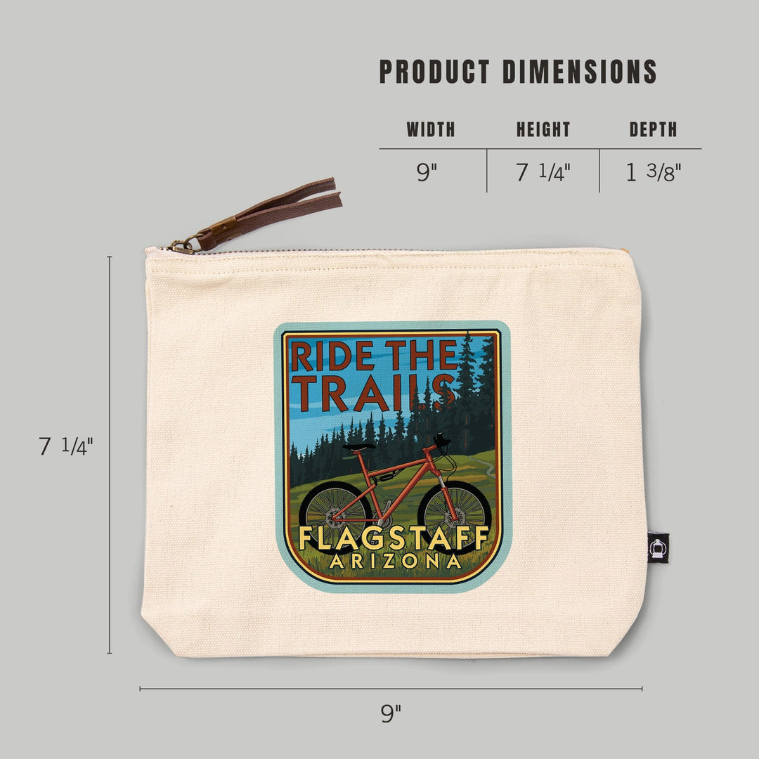 Flagstaff, Arizona, Ride the Trails, Bike,, Organic Cotton Zipper Pouch, Go Bag Go Bag Lantern Press 