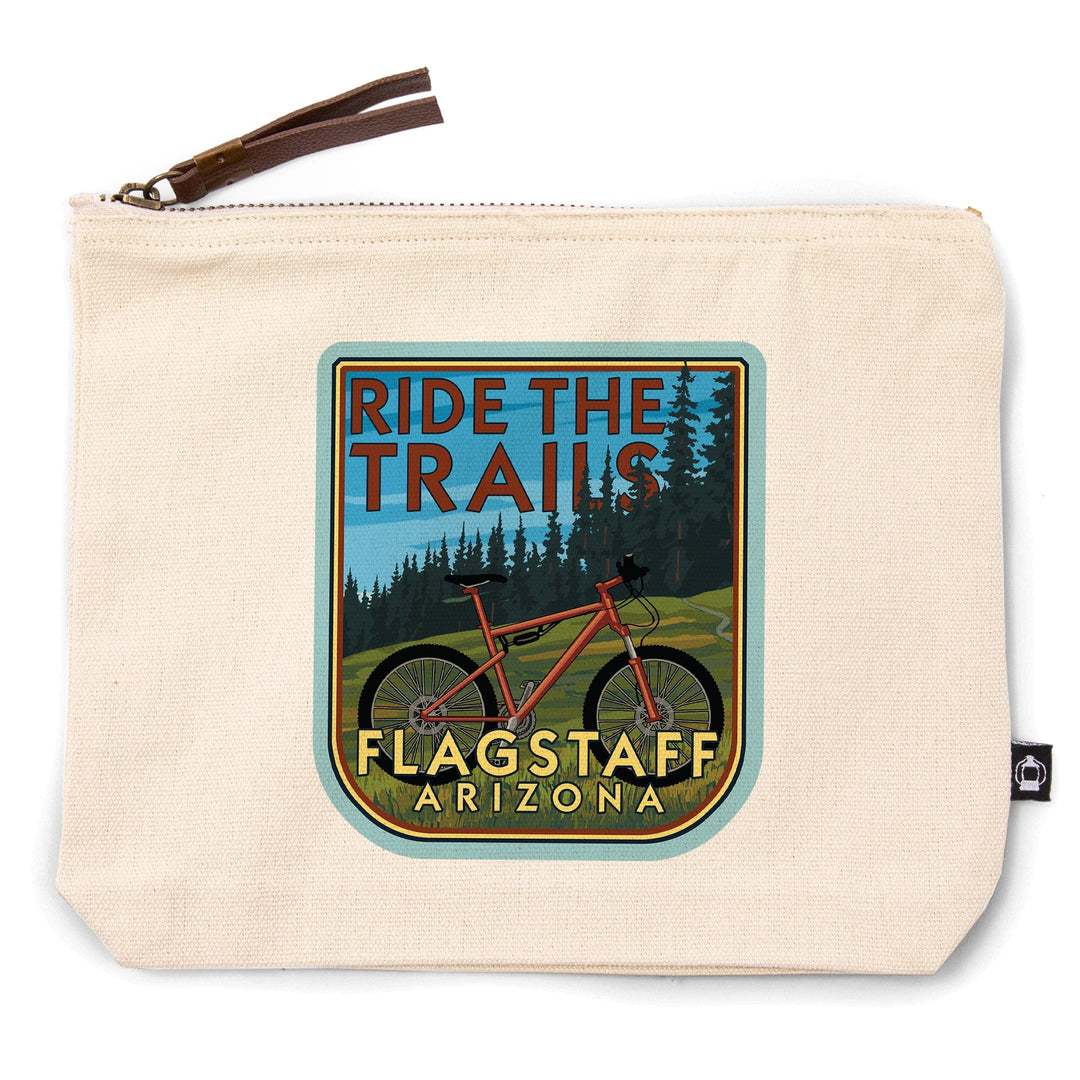 Flagstaff, Arizona, Ride the Trails, Bike,, Organic Cotton Zipper Pouch, Go Bag Go Bag Lantern Press 