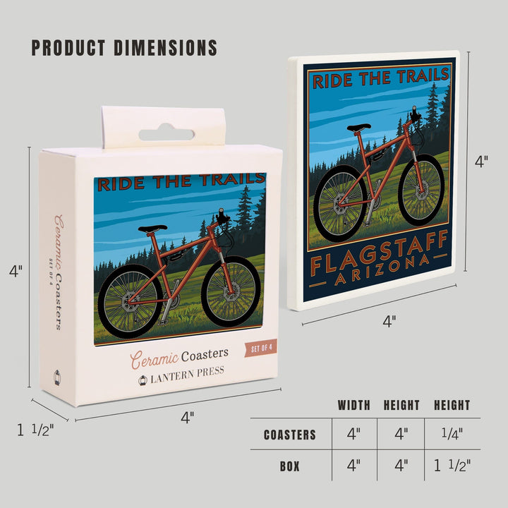 Flagstaff, Arizona, Ride the Trails, Mountain Bike Scene, Lantern Press Artwork, Coaster Set - Lantern Press