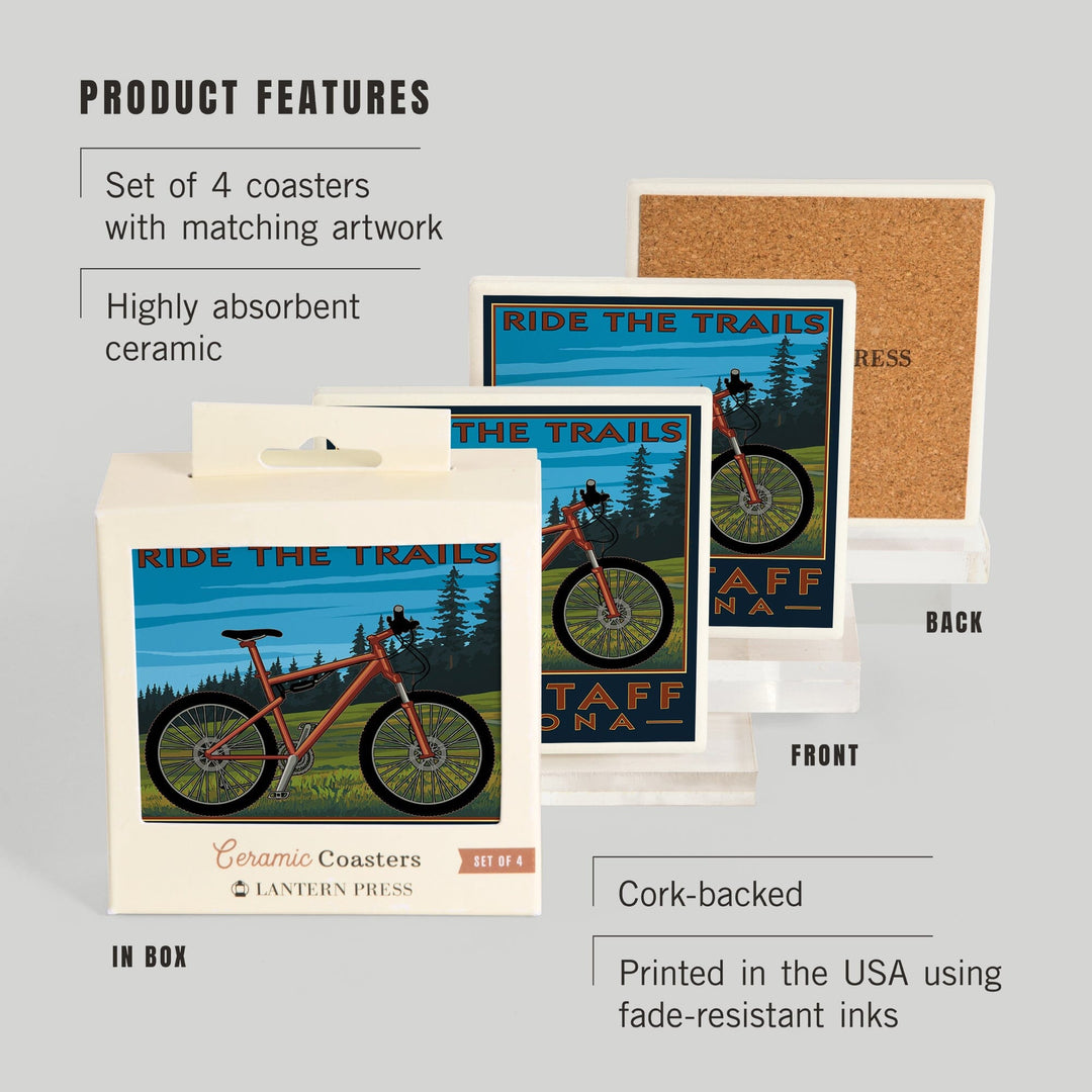 Flagstaff, Arizona, Ride the Trails, Mountain Bike Scene, Lantern Press Artwork, Coaster Set - Lantern Press