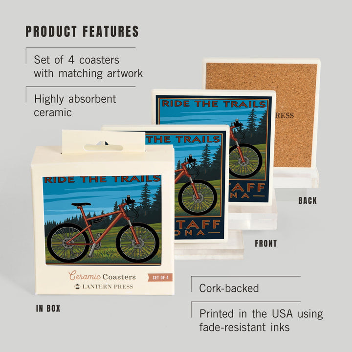 Flagstaff, Arizona, Ride the Trails, Mountain Bike Scene, Lantern Press Artwork, Coaster Set - Lantern Press