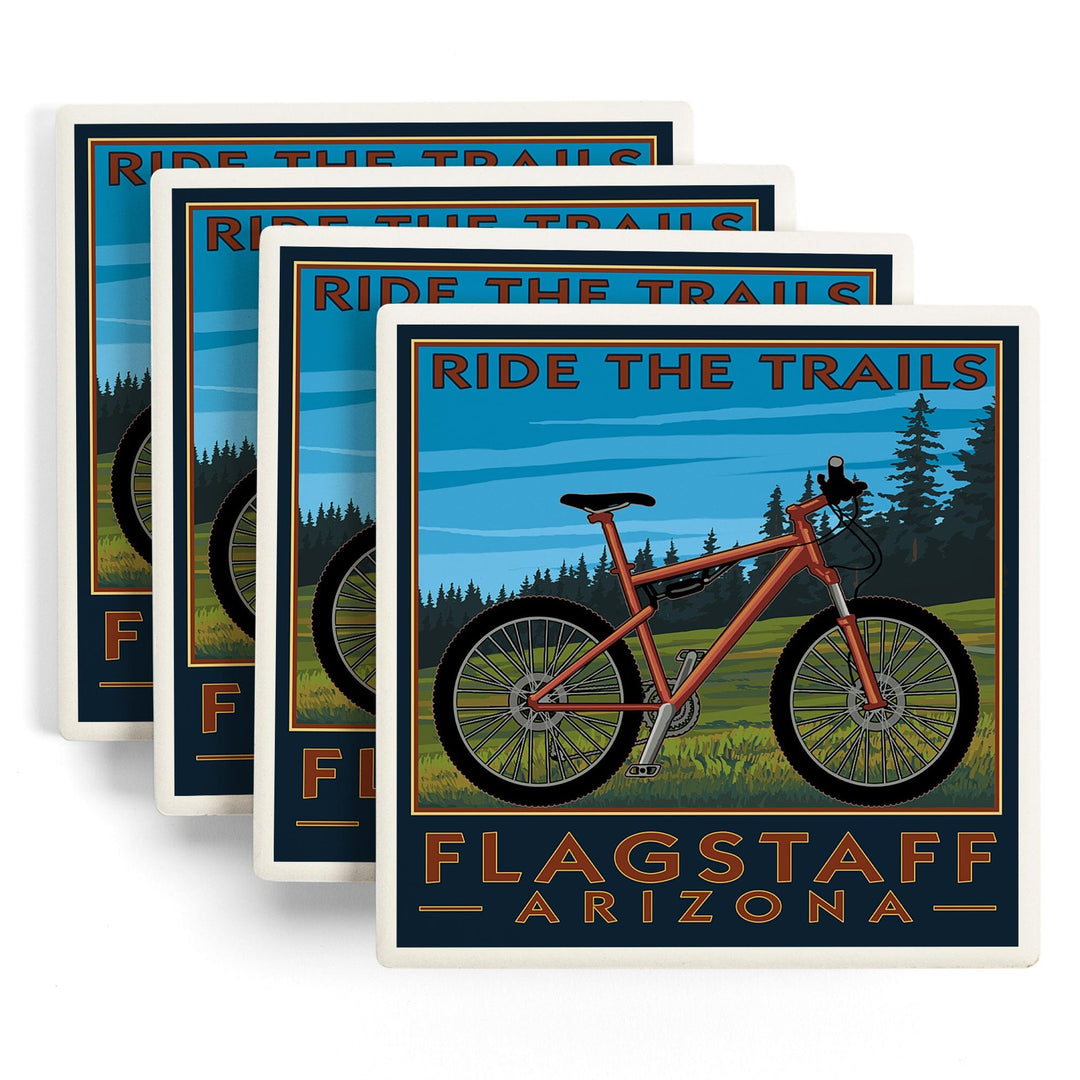 Flagstaff, Arizona, Ride the Trails, Mountain Bike Scene, Lantern Press Artwork, Coaster Set - Lantern Press