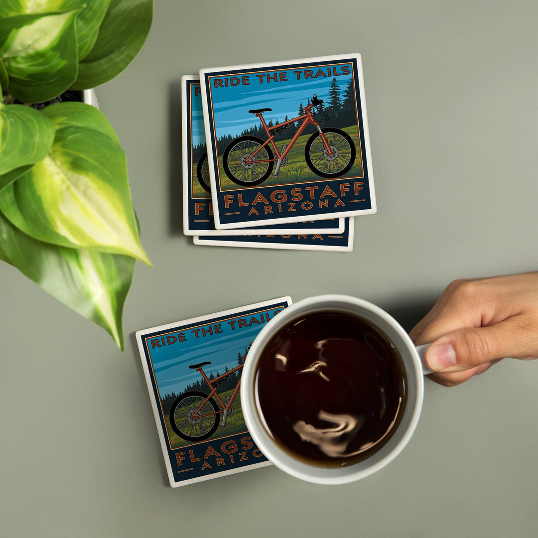 Flagstaff, Arizona, Ride the Trails, Mountain Bike Scene, Lantern Press Artwork, Coaster Set - Lantern Press