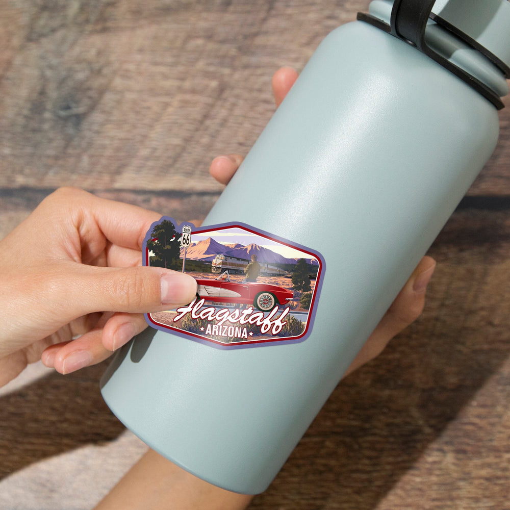 Flagstaff, Arizona, Route 66 Sign with Classic Car, Contour, Vinyl Sticker Sticker Lantern Press 