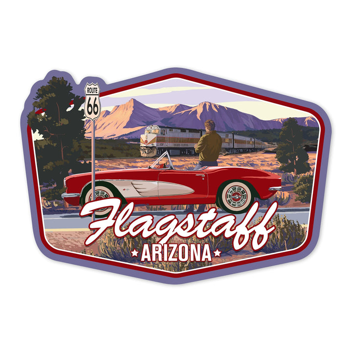 Flagstaff, Arizona, Route 66 Sign with Classic Car, Contour, Vinyl Sticker Sticker Lantern Press 