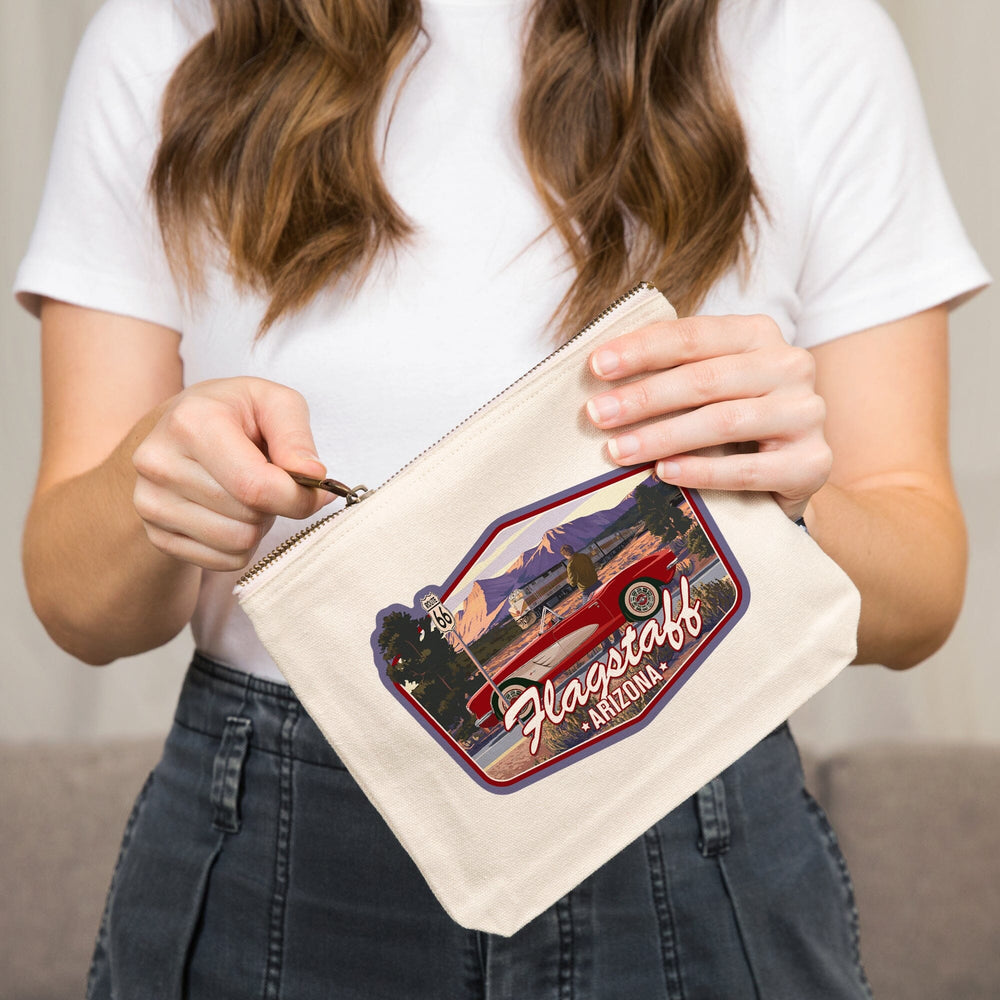 Flagstaff, Arizona, Route 66 Sign with Classic Car,, Organic Cotton Zipper Pouch, Go Bag Go Bag Lantern Press 