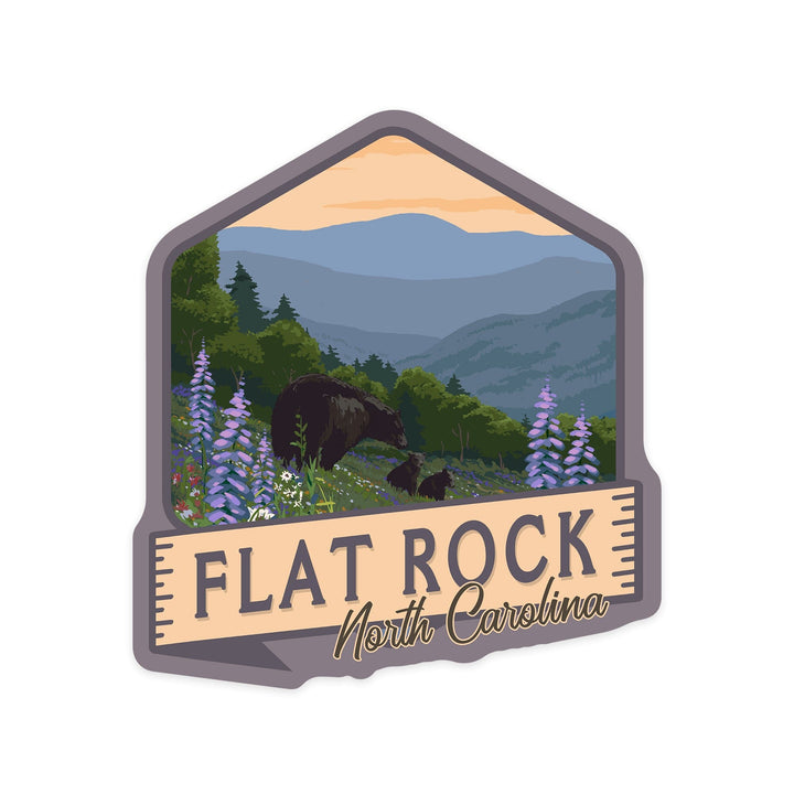 Flat Rock, North Carolina, Bear Family and Spring Flowers, Contour, Vinyl Sticker Sticker Lantern Press 