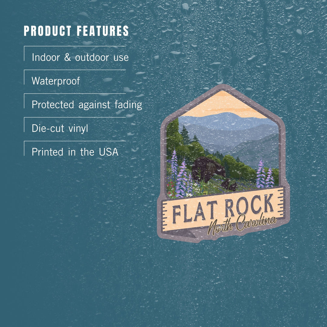 Flat Rock, North Carolina, Bear Family and Spring Flowers, Contour, Vinyl Sticker Sticker Lantern Press 