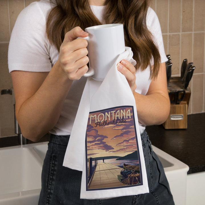 Flathead Lake, Montana, Dock and Lake Scene, Organic Cotton Kitchen Tea Towels Kitchen Lantern Press 