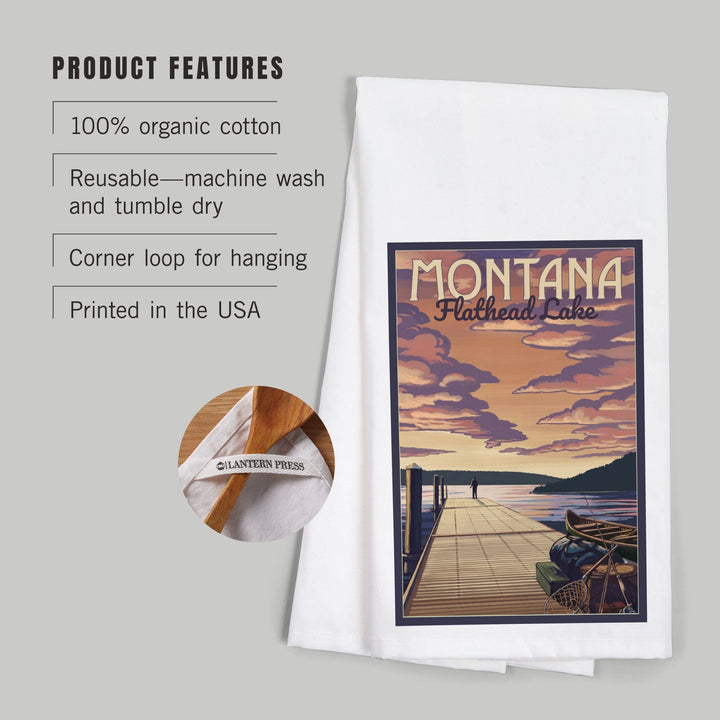 Flathead Lake, Montana, Dock and Lake Scene, Organic Cotton Kitchen Tea Towels Kitchen Lantern Press 