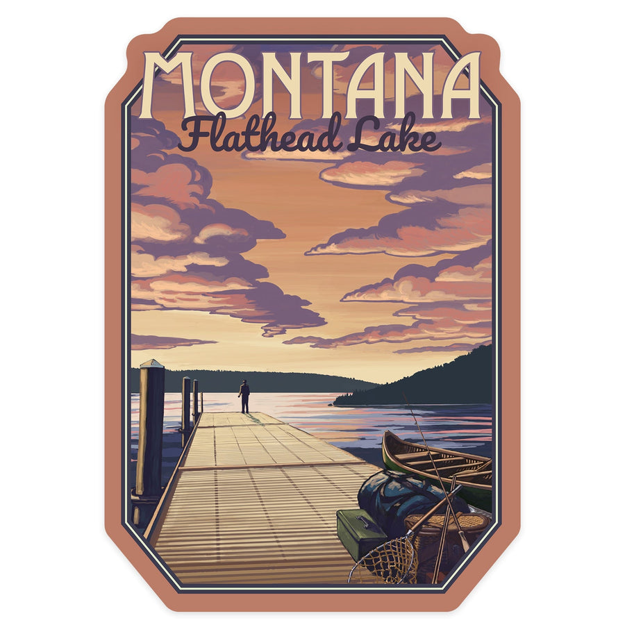 Flathead Lake, Montana, Dock & Lake Scene, Contour, Lantern Press Artwork, Vinyl Sticker Sticker Lantern Press 