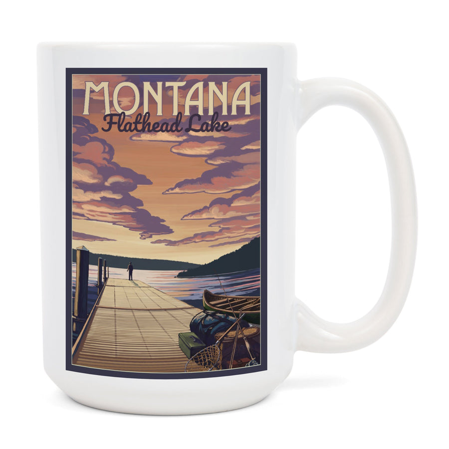 Flathead Lake, Montana, Dock & Lake Scene, Lantern Press Artwork, Ceramic Mug Mugs Lantern Press 