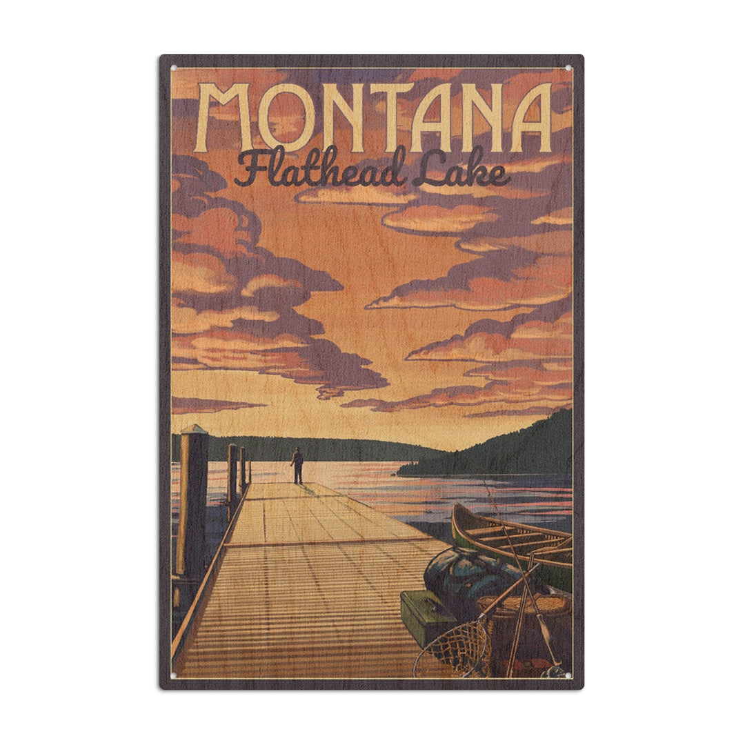 Flathead Lake, Montana, Dock & Lake Scene, Lantern Press Artwork, Wood Signs and Postcards Wood Lantern Press 6x9 Wood Sign 