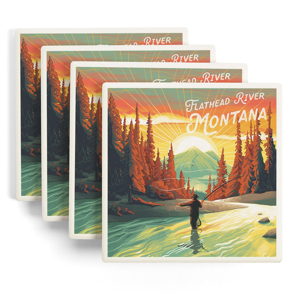 Flathead River, Montana, Get Outside Series, This is Living, Fishing with Mountain, Coasters Coasters Lantern Press 