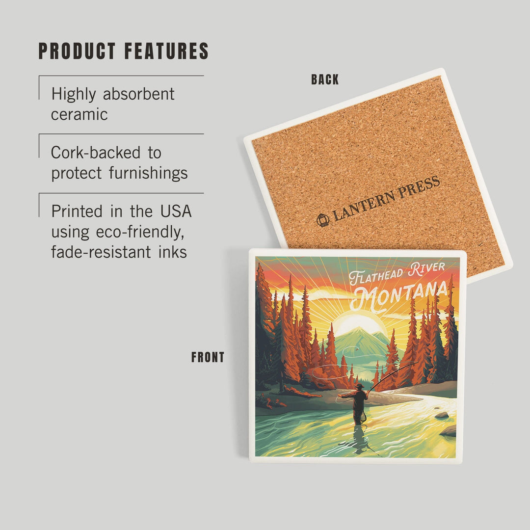 Flathead River, Montana, Get Outside Series, This is Living, Fishing with Mountain, Coasters Coasters Lantern Press 