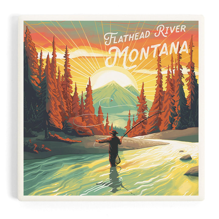 Flathead River, Montana, Get Outside Series, This is Living, Fishing with Mountain, Coasters Coasters Lantern Press 