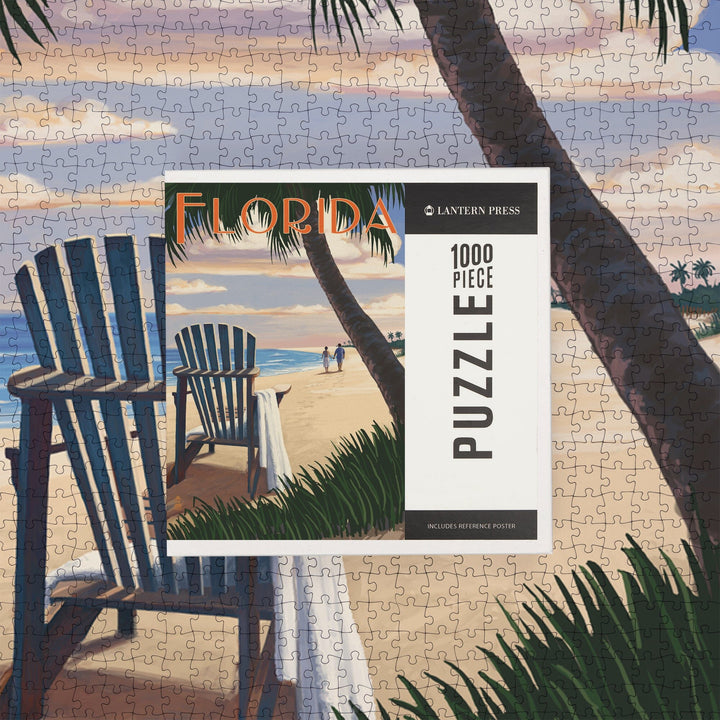 Florida, Adirondack Chairs and Sunset, Jigsaw Puzzle Puzzle Lantern Press 