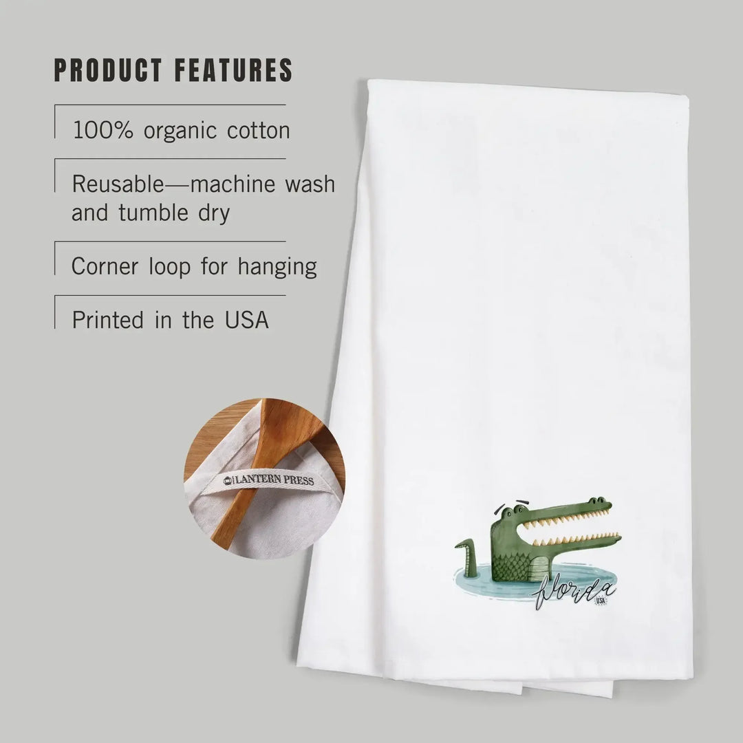 Florida, Alligator, Watercolor, Contour, Organic Cotton Kitchen Tea Towels Kitchen Lantern Press 