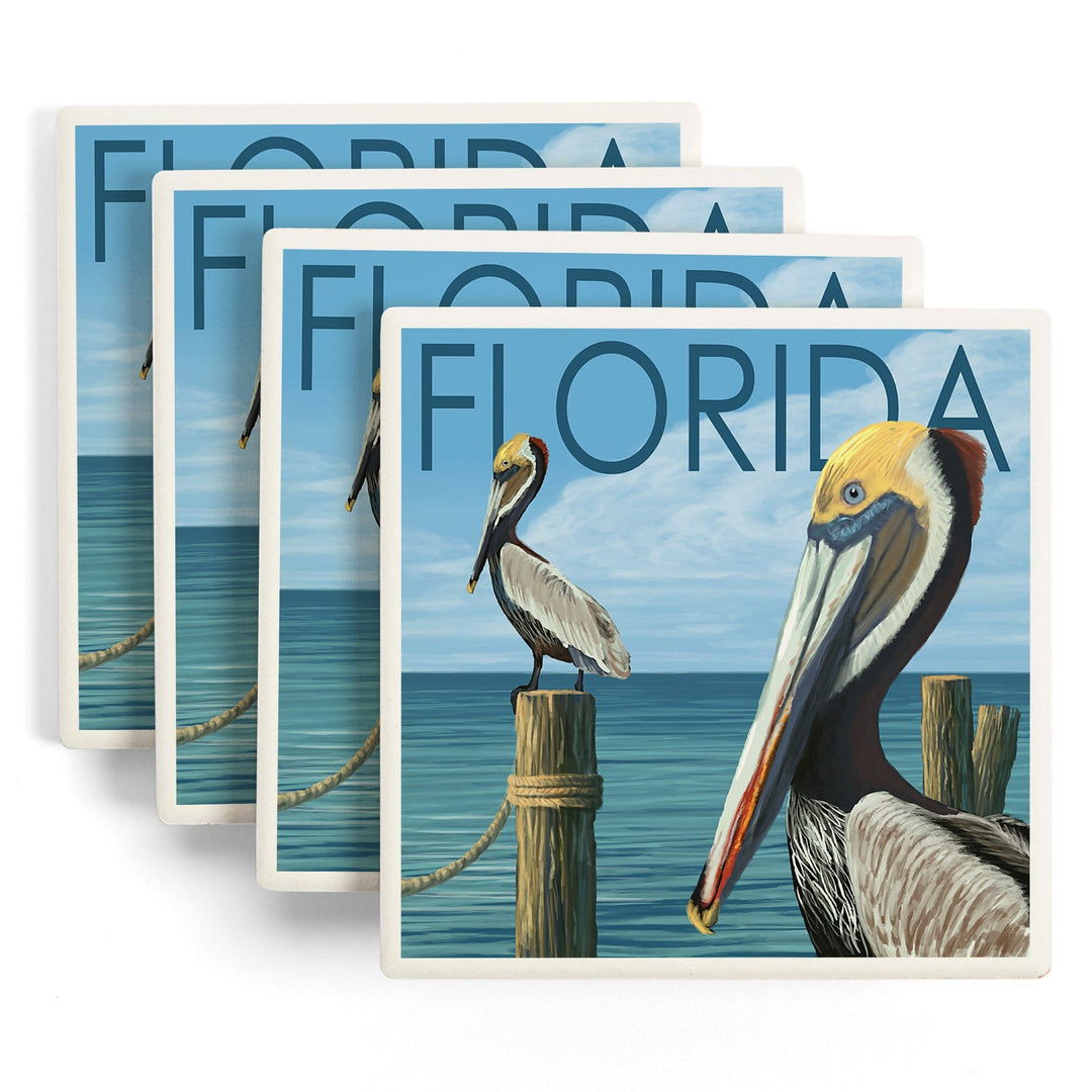 Florida, Brown Pelicans, Lantern Press Artwork, Coaster Set - Lantern Press