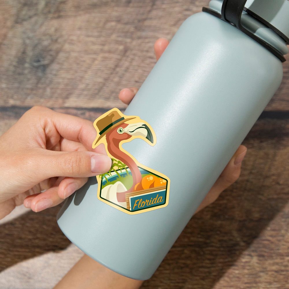 Florida, Flamingo and Oranges, Contour, Vinyl Sticker - Lantern Press