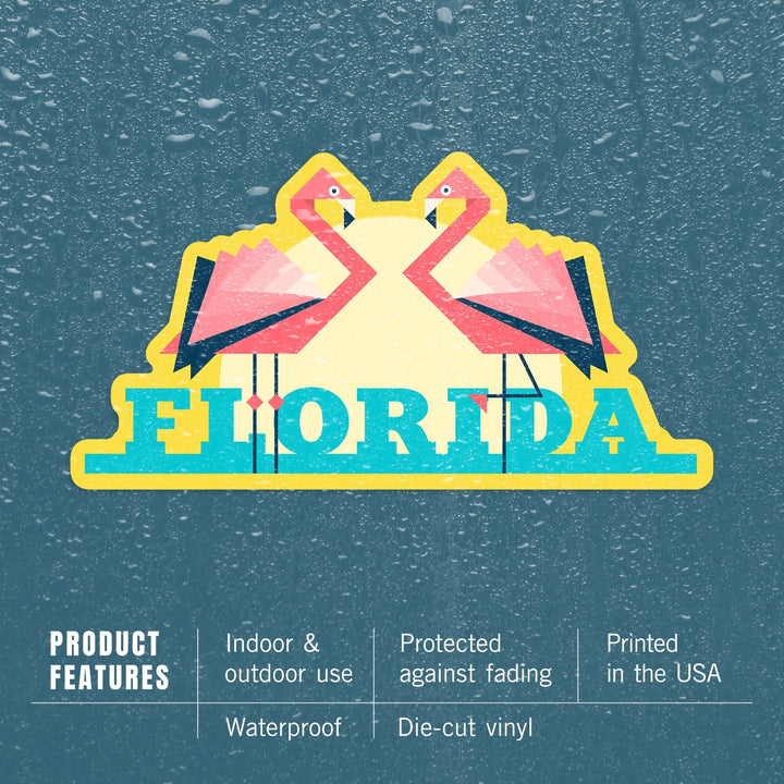 Florida, Flamingos, Vector Geometric, Contour, Lantern Press Artwork, Vinyl Sticker Sticker Lantern Press 