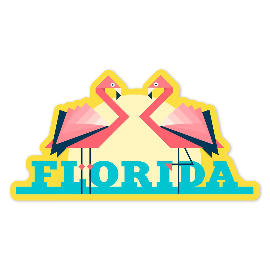 Florida, Flamingos, Vector Geometric, Contour, Lantern Press Artwork, Vinyl Sticker Sticker Lantern Press 