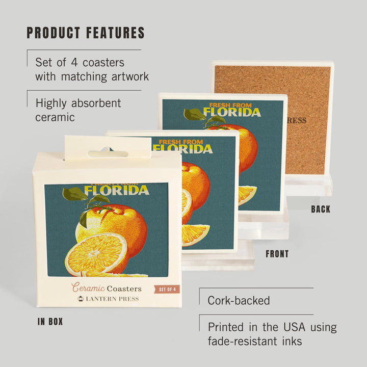 Florida, Fresh Oranges, Letterpress, Lantern Press Poster, Coaster Set - Lantern Press