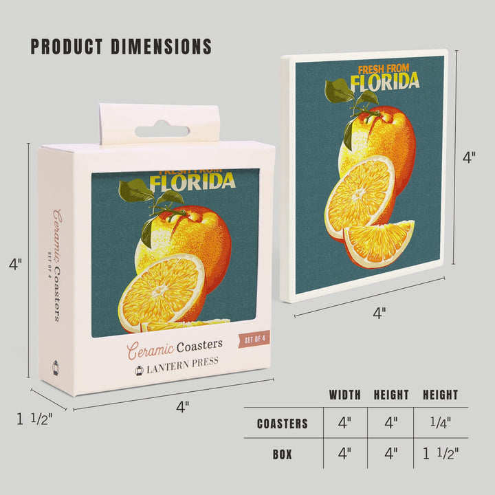 Florida, Fresh Oranges, Letterpress, Lantern Press Poster, Coaster Set - Lantern Press