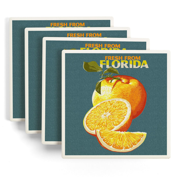 Florida, Fresh Oranges, Letterpress, Lantern Press Poster, Coaster Set - Lantern Press