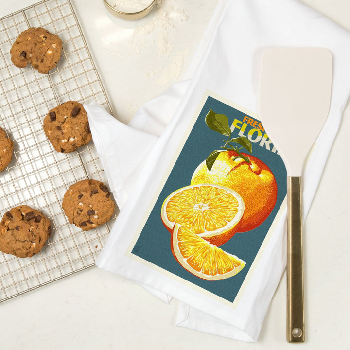 Florida, Fresh Oranges, Letterpress, Organic Cotton Kitchen Tea Towels Kitchen Lantern Press 