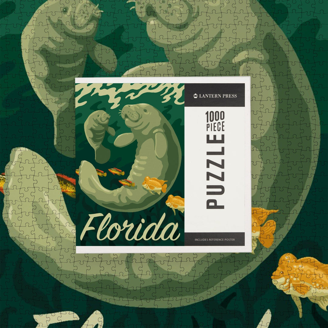 Florida, Manatee and Calf Swimming, Jigsaw Puzzle Puzzle Lantern Press 