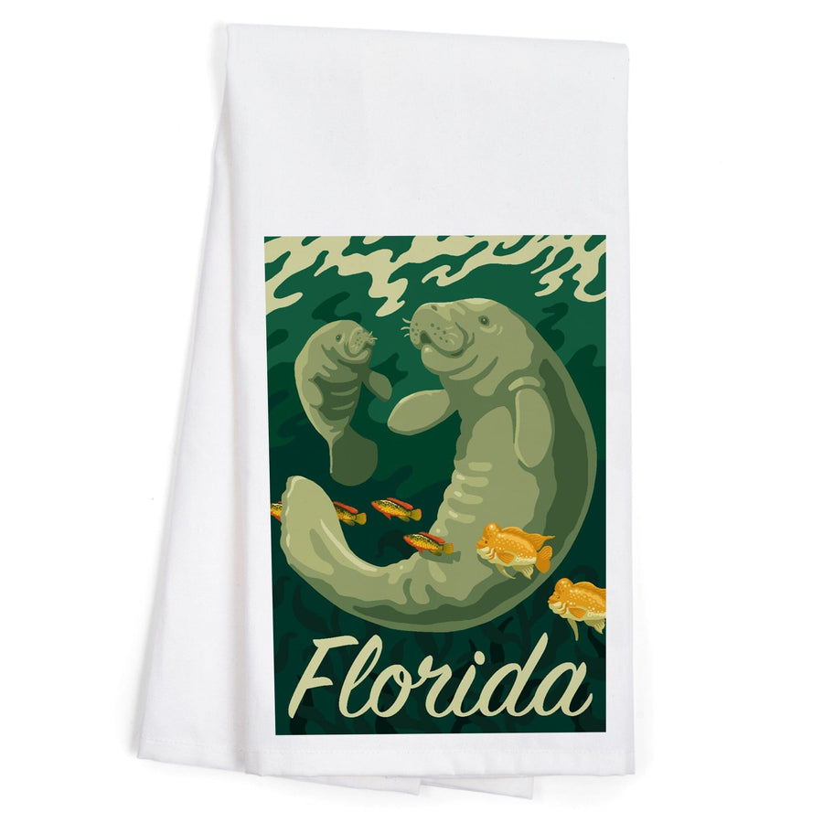 Florida, Manatee and Calf Swimming, Organic Cotton Kitchen Tea Towels Kitchen Lantern Press 