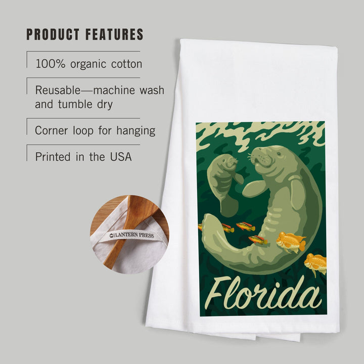 Florida, Manatee and Calf Swimming, Organic Cotton Kitchen Tea Towels Kitchen Lantern Press 