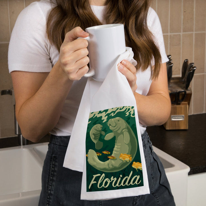 Florida, Manatee and Calf Swimming, Organic Cotton Kitchen Tea Towels Kitchen Lantern Press 