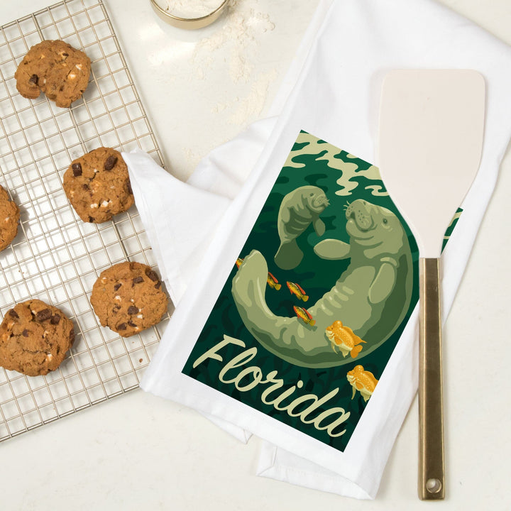 Florida, Manatee and Calf Swimming, Organic Cotton Kitchen Tea Towels Kitchen Lantern Press 