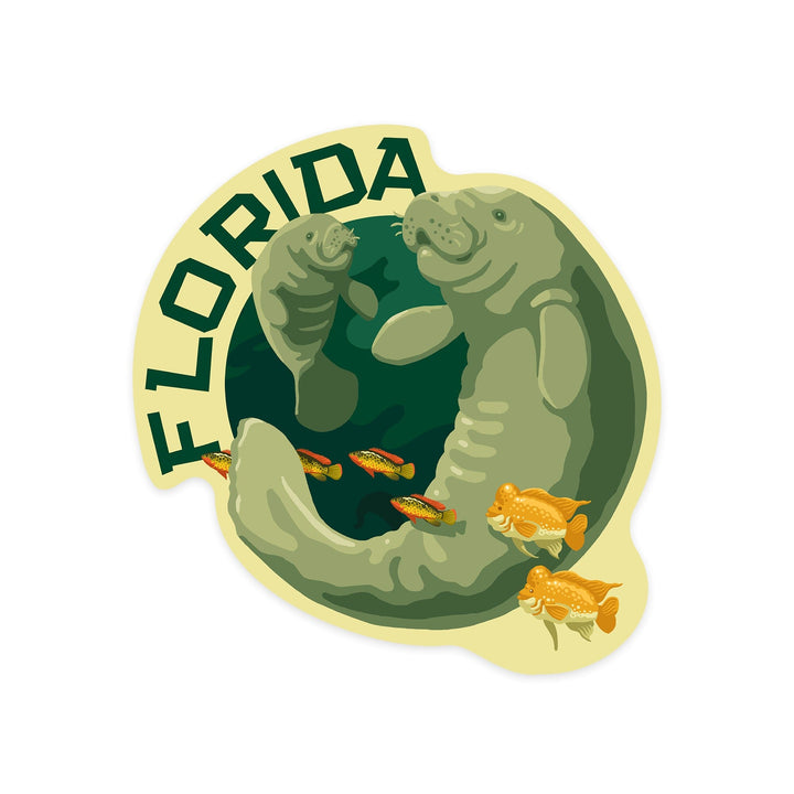 Florida, Manatee & Calf Swimming, Contour, Lantern Press Artwork, Vinyl Sticker Sticker Lantern Press 