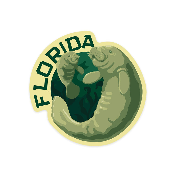 Florida, Manatee & Calf Swimming, Contour, No Fish, Lantern Press Artwork, Vinyl Sticker - Lantern Press