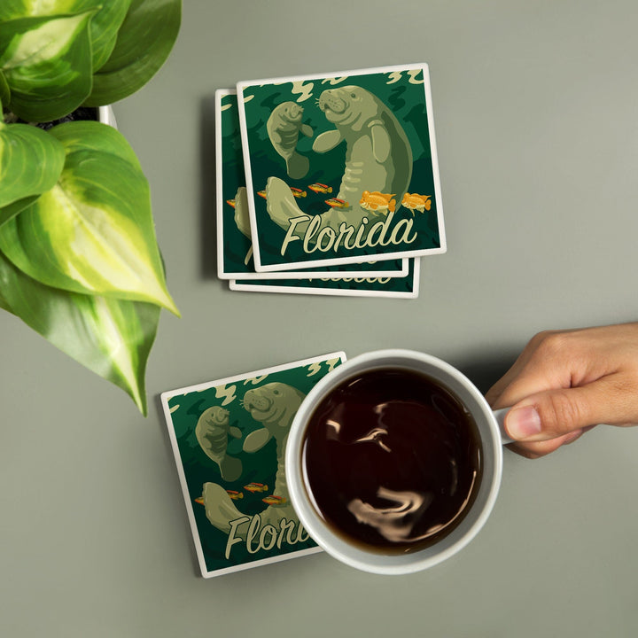 Florida, Manatee & Calf Swimming, Lantern Press Artwork, Coaster Set - Lantern Press