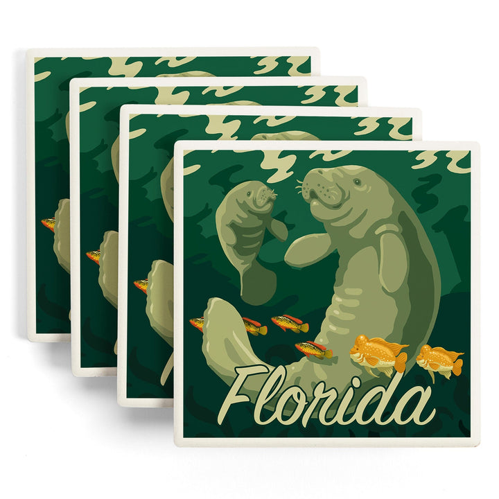 Florida, Manatee & Calf Swimming, Lantern Press Artwork, Coaster Set - Lantern Press