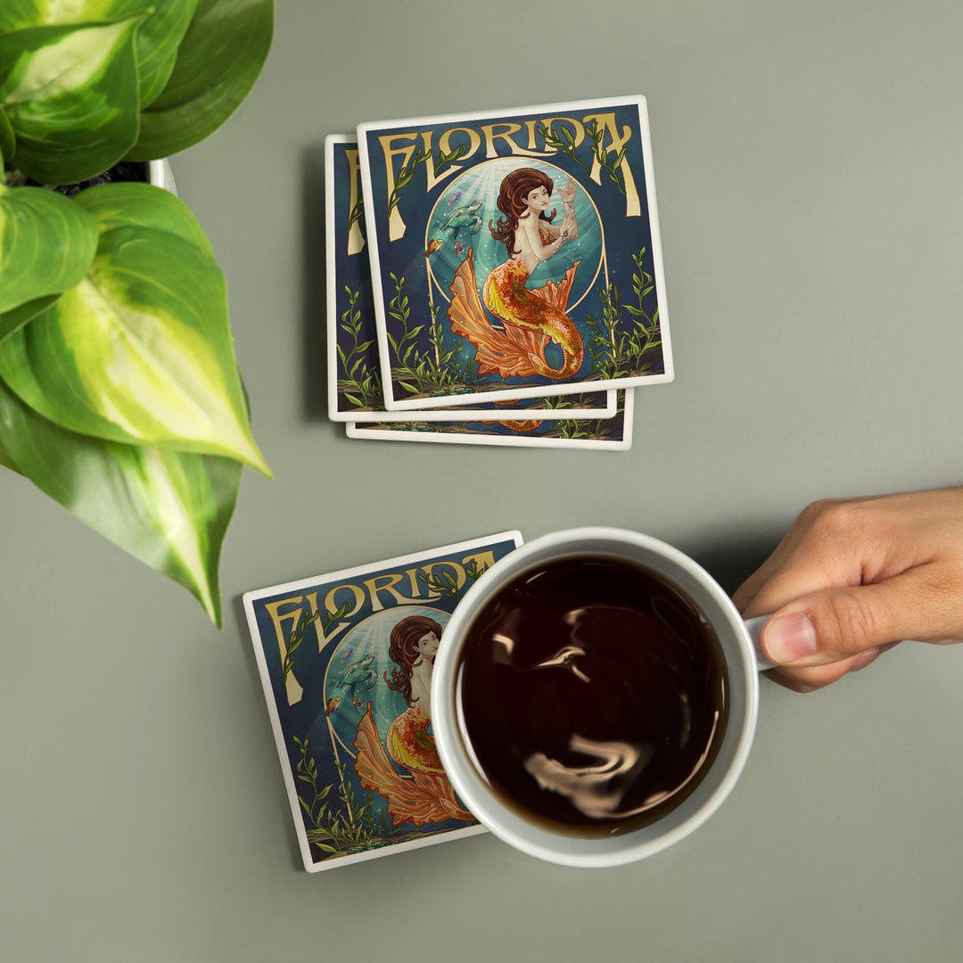 Florida, Mermaid, Lantern Press Artwork, Coaster Set - Lantern Press